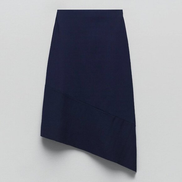 Zara Dresses & Skirts - NWT New Zara Asymmetrical Ribbed Knit Navy Viscose Skirt Size L